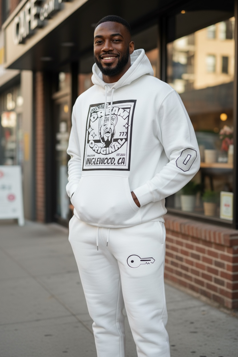 GDE x 777 White Chenille Patch Sweat Suit