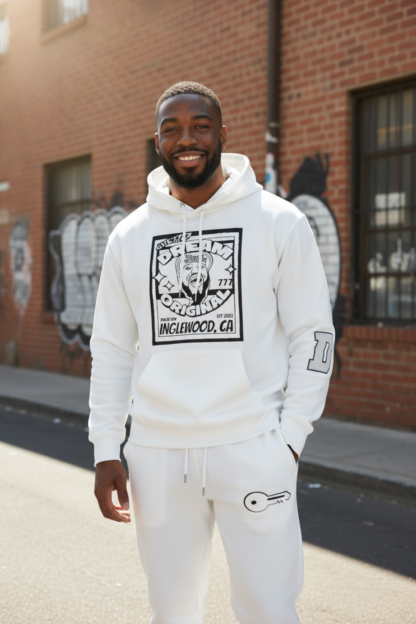 GDE x 777 White Chenille Patch Sweat Suit
